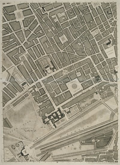 Plan van de steden Londen en Westminster en Borough of Southwark, gegraveerd door John Tinney, pub. 1746 door John Rocque